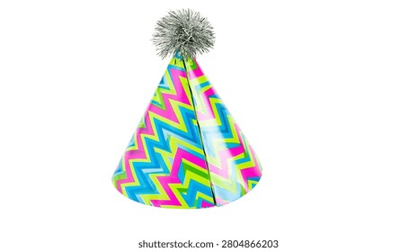 Colorful zigzag patterned party hat with a shiny silver tinsel pom pom topper