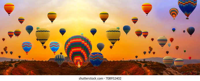 colorfull hot air balloons festival floating  panorama landscape - Shutterstock ID 708952402