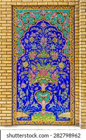 Colorfull tiles decoration detail of Golestan Palace former royal Qajar complex in capital city. Tehran, Iran.