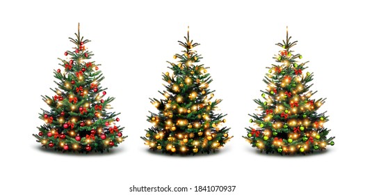 Colorfully Decorated Christmas Trees Against A White Background