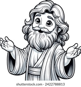 Coloring book artistic image of happy jesus open arms tender look