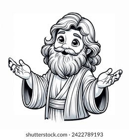 Coloring book artistic image of happy jesus open arms tender look