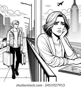 Coloring book artistic image of long-distance masc and non-binary lesbian couple in different cities sad because they miss each other