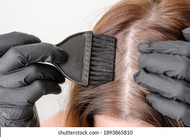 Coloring Of Gray Roots Of Hair At Home. Cosmetic Procedure At Home.