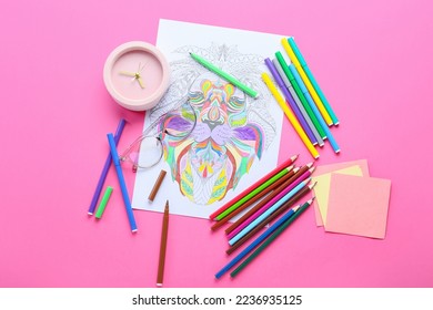 Coloring page  felt  tip pens  pencils  sticky notes   alarm clock pink background