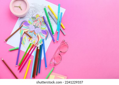 Coloring page  felt  tip pens  pencils  alarm clock   eyeglasses pink background