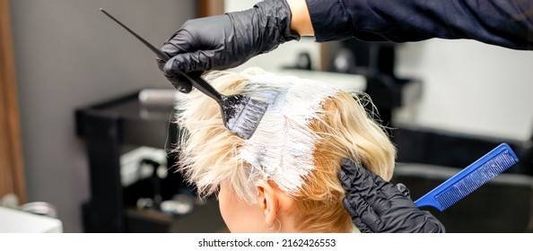 Coloring White Hair With Hair Dye And Brush By Hands Of Hairstylist For The Young Caucasian Blonde Woman At A Hair Salon, Close Up