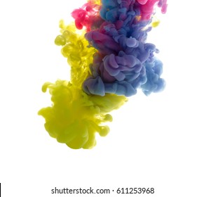 Colors dropped into liquid and photographed while in motion. Cloud of silky ink in water on white isolated background, an abstract banner. - Shutterstock ID 611253968