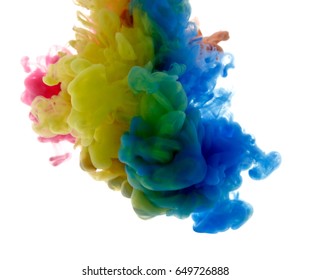 Colors dropped into liquid and photographed while in motion. Cloud of silky ink in water on white isolated background, an abstract banner. - Shutterstock ID 649726888
