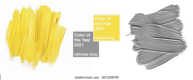 Colors of the year 2021 Illuminating yellow and ultimate gray. Sample of paint smear texture with geometric frame isolated on white background. trendy beauty, fashion, makeup design concept