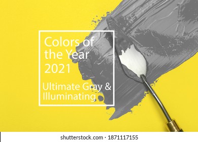 Colors of the year 2021 Ultimate Gray and Illuminating background. Ultimate gray paint oil color on yellow illuminating background.