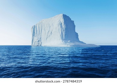 colossal massive tabular iceberg floating in a ocean under a clear blue sky. Large iceberg floating in open deep blue waters,  the effects of climate change and ice shelf retreat. Global warming