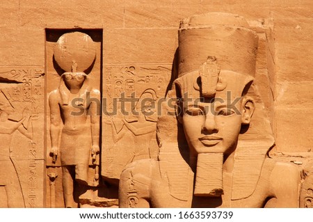 Colossal statue of Ramses II and Horus in the Temple of Abu Simbel