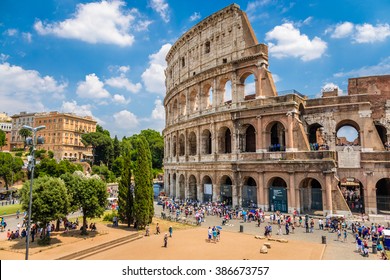 Colosseum with clear blue sky, Rome, Italy. Rome landmark and antique architecture. Rome Colosseum is one of the best known monuments of Rome and Italy