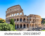 Colosseum (Coliseum) is one of main travel attraction of Rome, Italy. Ancient Roman ruins of Colosseum, landscape of old Rome city, Italy.