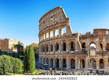 Colosseum (Coliseum) is one of main travel attraction of Rome, Italy.  Ancient Roman ruins, landscape of old Rome city. - Powered by Shutterstock