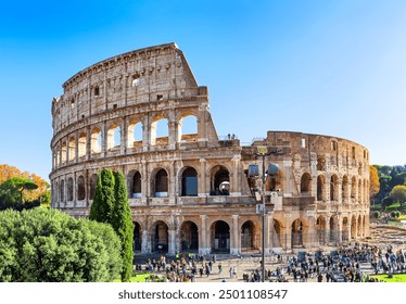 Colosseum (Coliseum) is one of main travel attraction of Rome, Italy. Ancient Roman ruins of Colosseum, landscape of old Rome city, Italy. - Powered by Shutterstock