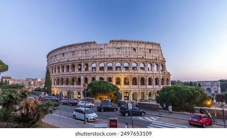 Colosseum day to night after sunset, Rome. Evening illumination. Traffic on the road. Rome best known architecture and landmark. Rome Colosseum is one of the main attractions of Rome and Italy - Powered by Shutterstock