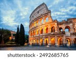 Colosseum morning in Rome, Italy. Exterior of the Rome Colosseum. Colosseum is one of the main attractions of Rome (Roma) and Italy. Architecture and landmark of Rome and Italy.