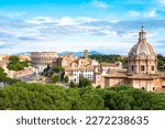 The Colosseum panorama, Colosseo, iconic amphitheatre Arena in the centre of the old town of Rome, Roma, just east of the Roman Forum.