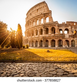 Colosseum at sunrise, Rome, Italy. Rome architecture and landmark. Rome Colosseum is one of the best known monuments of Rome and Italy