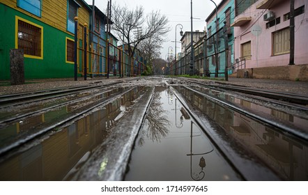 Colour cityskape train tracks and reflection in La boca Buenos Aires Argentina
