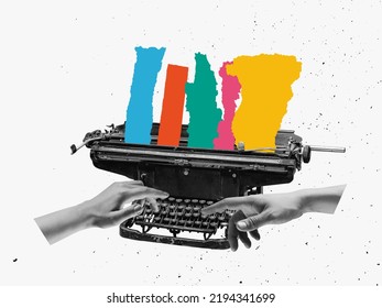 Colour thoughts. Creative process. Pop art collage. Female hand typing on retro typewriter isolated over white background. Vintage, retro 80s, 70s style. Bright colors. Copy space for ad, text - Shutterstock ID 2194341699