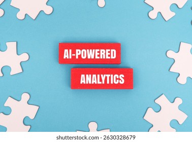 A coloured block with text AI-POWERED ANALYTICS surrounded by white puzzle pieces