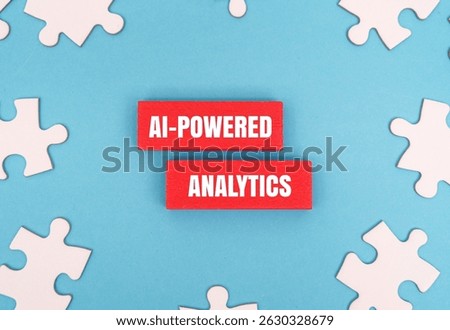A coloured block with text AI-POWERED ANALYTICS surrounded by white puzzle pieces