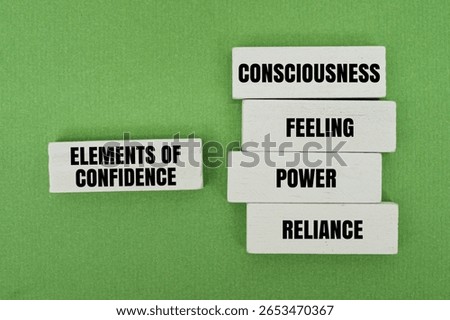 A coloured block with text ELEMENTS OF CONFIDENCE - CONSCIOUSNESS, FEELING, POWER, RELIANCE. Personality traits and self-assurance concepts