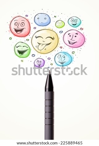 Coloured smiley face bubbles coming out of pen