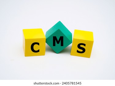 A coloured wooden block with word “CMS” on it. CMS stands for 