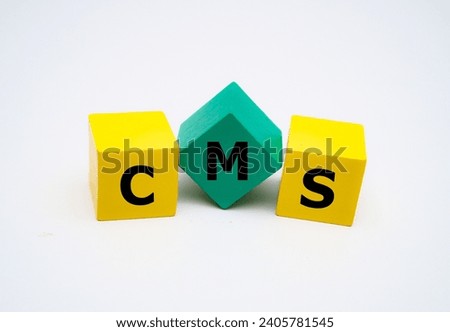 A coloured wooden block with word “CMS” on it. CMS stands for 