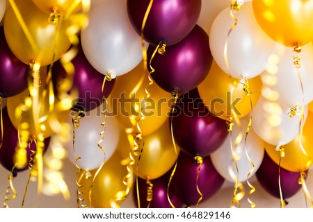 colourful balloons, golden, white, red, streamers isolated