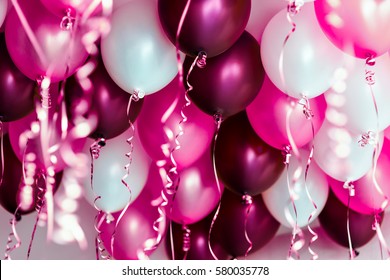 colourful balloons, pink, white, red, streamers isolated