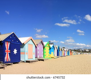Colourful bathing boxes at Brighton Beach, Melbourne, Australia.  A Melbourne icon.