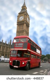 Colourful Big Ben With A Classic London Bus In Front