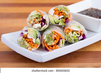 Colourful Chicken, Sprouts And Avocado Rice Paper Spring Rolls With Soy Base Dip Sauce