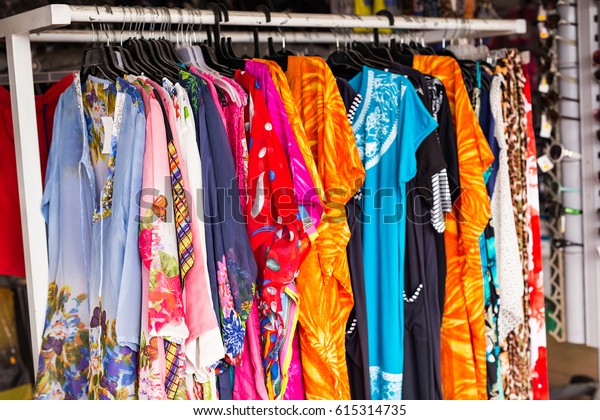 Colourful Clothes Hanging Market Store Background Stock Photo (Edit Now ...