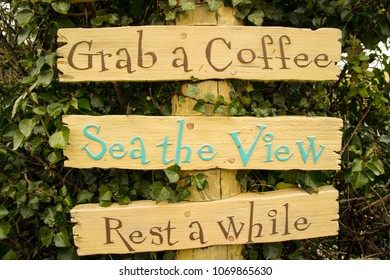 Colourful Cornish Wooden Seaside Sign For Local Café Trevone Grab Coffee Sea View Rest While