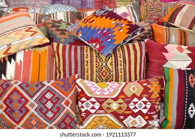 Colourful Cushions On Display For Sale In A Traditional Turkish Bazaar