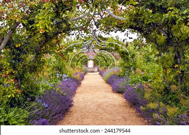 Colourful English Summer Flower Garden With A Path Under Archway