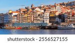 Colourful facades of historic buildings in the Ribeira district of Porto, Portugal