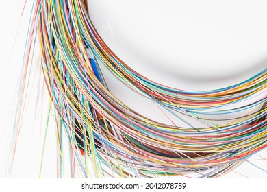 Colourful Fiber optic cable or Telecommunication cables and wires on white background. 5G