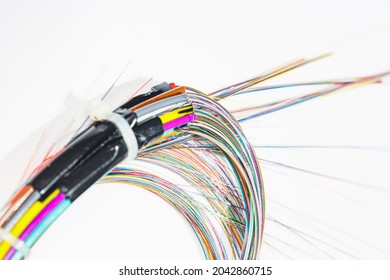 Colourful Fiber optic cable or Telecommunication cables and wires with cable ties on white background. 5G