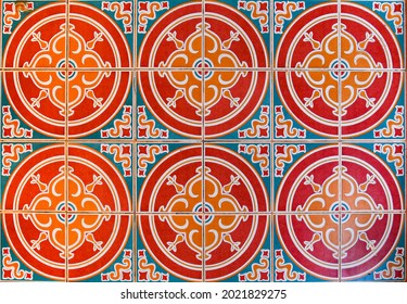 Colourful geometric ceramic tile pattern. Typical of the designs found on the facades of traditional Chinese shop houses throughout south east Asia.
