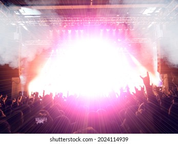 Colourful gig with a lit stage and festive crowd.