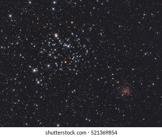 Colourful with glare and spikes and colour boost of a beautiful open cluster named M35 or NGC 2168 together with NGC NGC 2158 in the constellation Gemini in the Northern sky