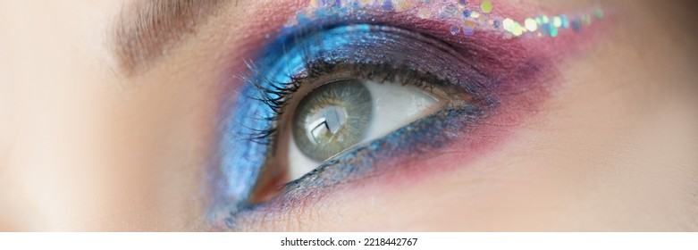 Colourful Glitter And Eyeshadows, Festive Bright Eye Makeup On Girls Face