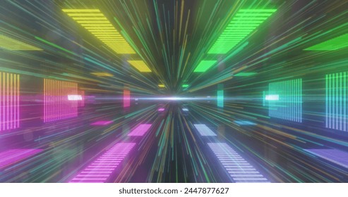 Colourful glowing rectangles moving over green and yellow starburst. vintage colour and movement concept digitally generated image. - Powered by Shutterstock